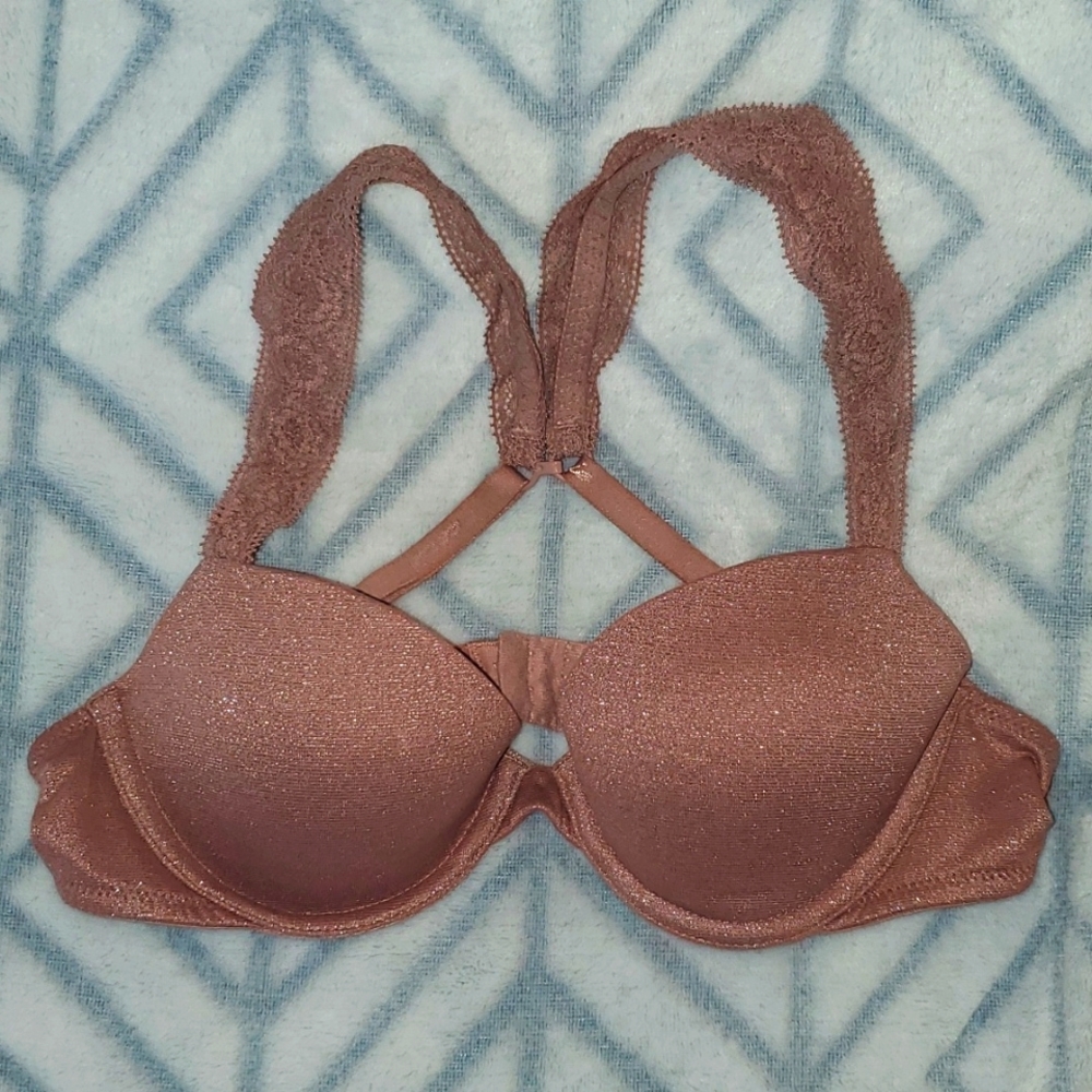 Aerie 34A Real Happy Demi underwire lightly lined bra racerback pink shimmer
